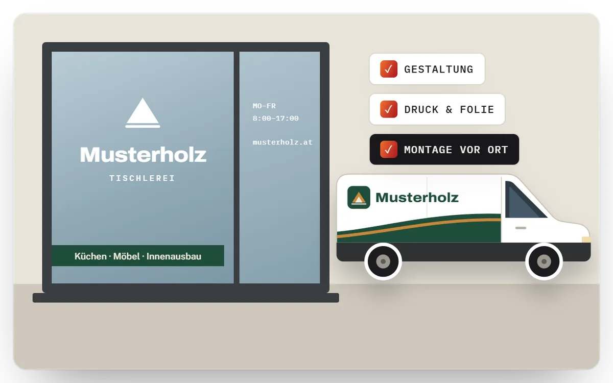 Beispiel einer Schaufensterbeschriftung und eines beklebten Firmenwagens: Gestaltung, Druck und Montage vor Ort