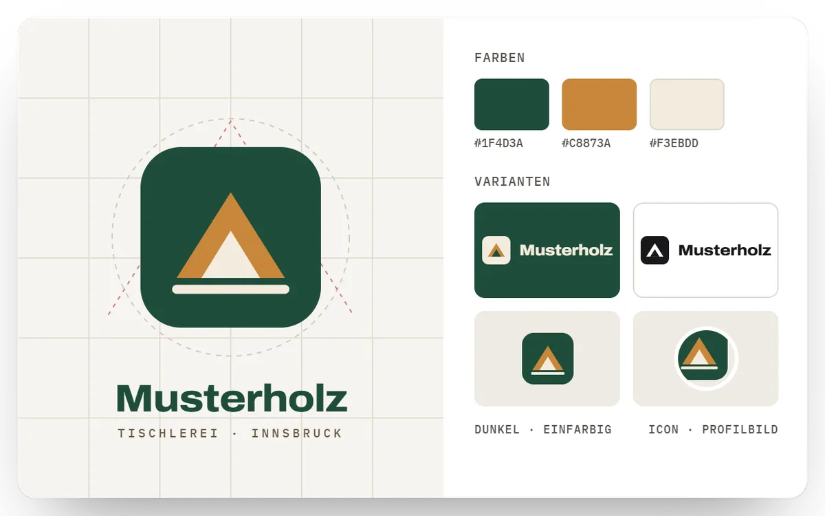 Beispiel eines Logo-Entwurfs mit Konstruktionsraster, Markenfarben und Varianten für dunklen Hintergrund, einfarbig und als Profilbild