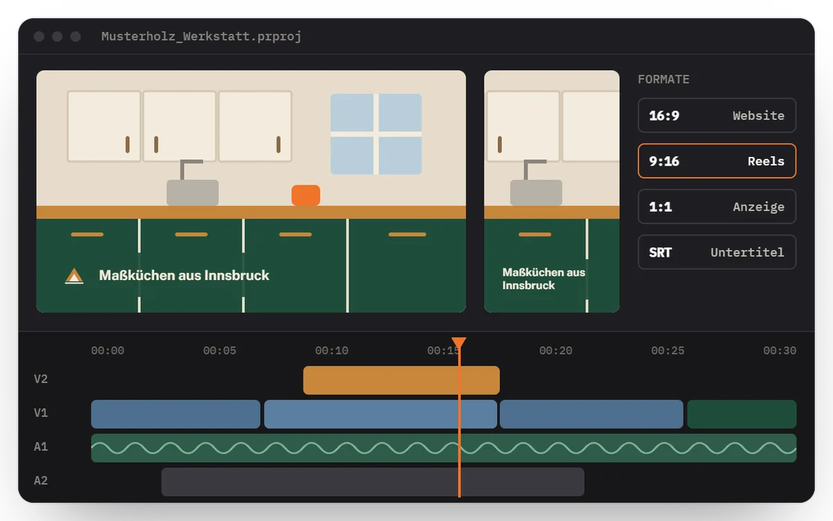 Beispiel eines Videoschnitts mit Vorschau im Querformat und Hochformat, Zeitleiste und Exportformaten für Website, Reels und Anzeigen