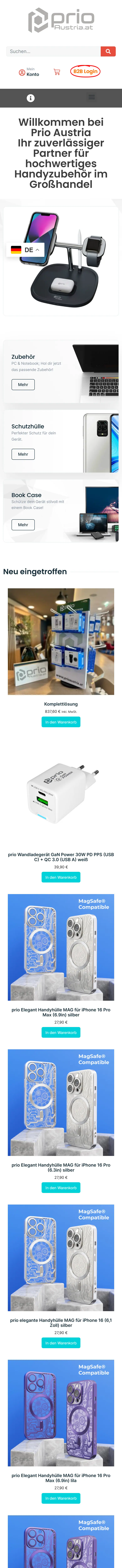 Startseite von Prio Austria am Smartphone