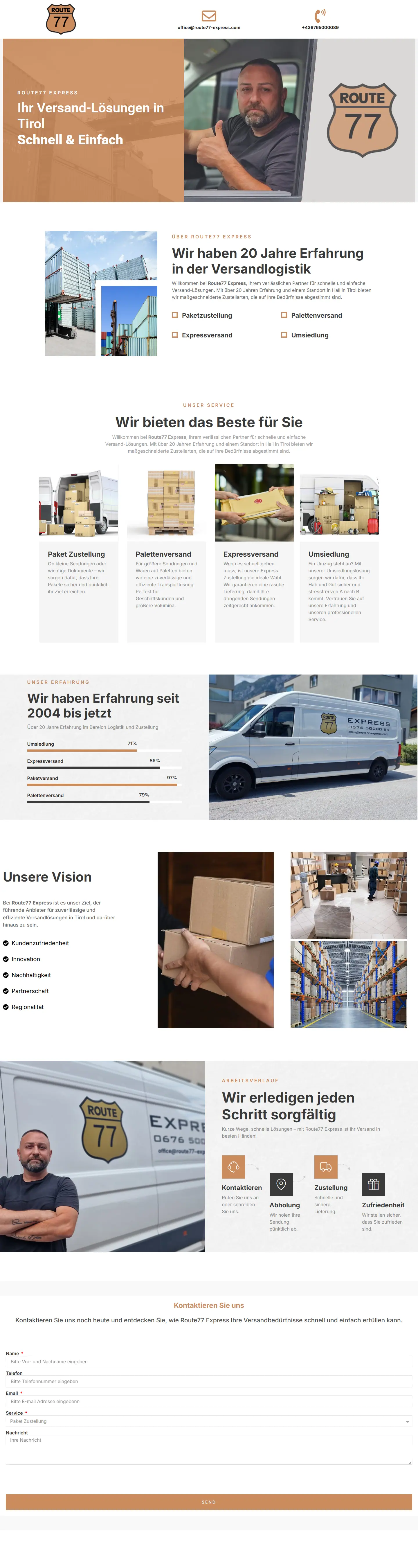 Startseite von Route77 Express am Desktop