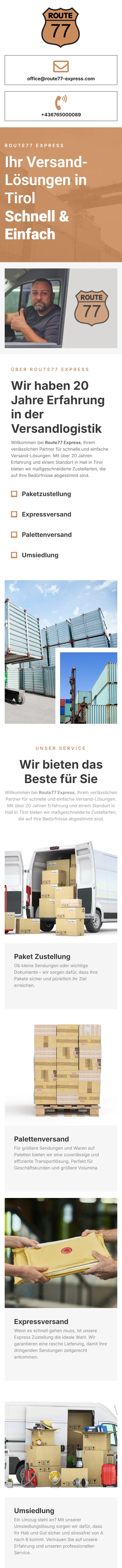 Startseite von Route77 Express am Smartphone